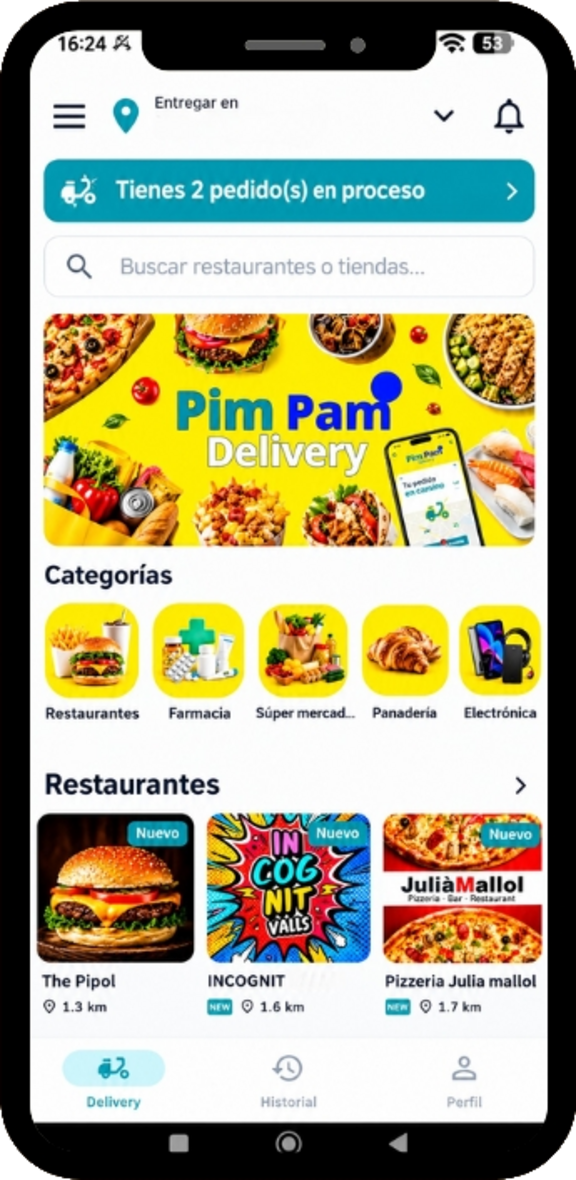 Pantalla principal de la app Pim Pam Delivery: categorías, restaurantes destacados y buscador
