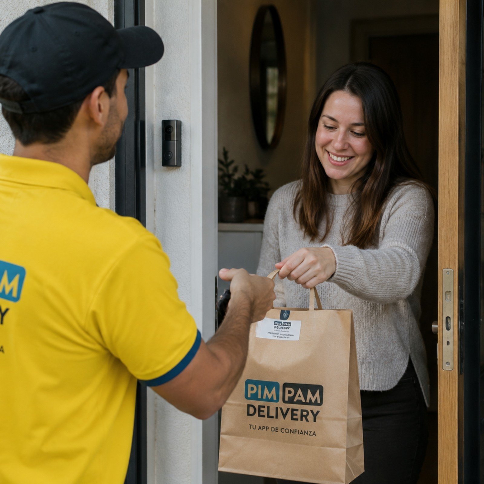Repartidor de Pim Pam Delivery entregando un pedido en la puerta de un cliente