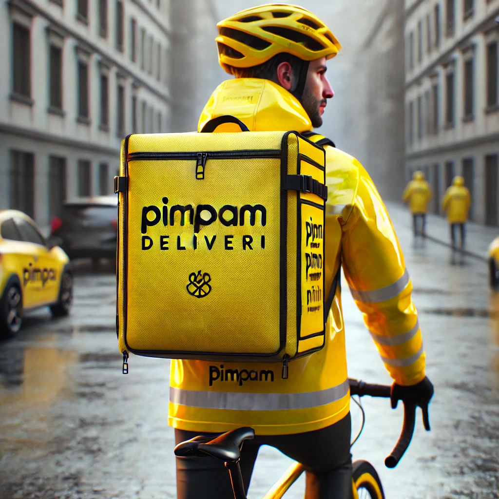DALL·E 2024-11-02 02.38.09 - A realistic image of a cyclist wearing a bright yellow rain jacket with a branded logo that says 'Pimpam Deliveri' embedded on the jacket. The cyclist